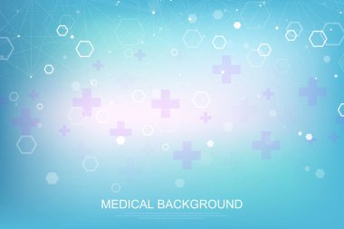 Soyut tıbbi geçmişi Dna araştırma, molekül, genetik, genom, Dna zinciri. Genetik analiz sanat konseptiyle altıgenler, çizgiler, noktalar. Biyoteknoloji ağ kavramı molekül, vektör çizim