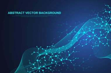 Tıp, bilim, teknoloji, Kimya için bilimsel molekül arka planı. Dalgalar akıyor. Duvar kağıdı veya afiş DNA molekülleri yapısı, noktalar, çizgiler ile. Vektör geometrik dinamik illüstrasyon