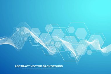 Tıp, bilim, teknoloji, Kimya için bilimsel molekül arka planı. Dalgalar akıyor. Duvar kağıdı veya afiş DNA molekülleri yapısı, noktalar, çizgiler ile. Vektör geometrik dinamik illüstrasyon