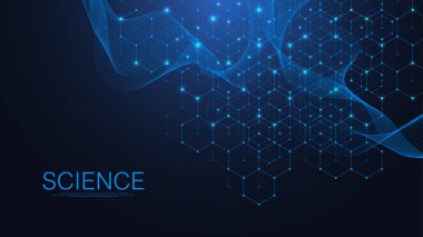 Moleküler yapı arka planı. DNA moleküllü bir duvar kağıdı ya da afiş bilim şablonu. Altıgenli molekül arka planı, dalga akışı. Vektör illüstrasyonu.