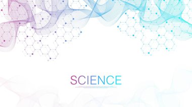 Moleküler yapı arka planı. DNA moleküllü bir duvar kağıdı ya da afiş bilim şablonu. Altıgenli molekül arka planı, dalga akışı. Vektör illüstrasyonu.