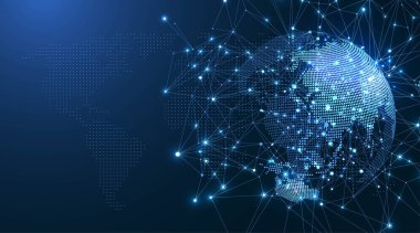 Küresel ağ bağlantısı kavramı. Büyük veri görselleştirmesi. Küresel bilgisayar ağlarındaki sosyal ağ iletişimi. İnternet teknolojisi. İş için. - Bilim. Vektör illüstrasyonu