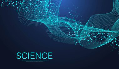 Moleküler yapı arka planı. DNA moleküllü bir duvar kağıdı ya da afiş bilim şablonu. Altıgenli molekül arka planı, dalga akışı. Vektör illüstrasyonu.