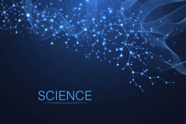 Moleküler yapı arka planı. DNA moleküllü bir duvar kağıdı ya da afiş bilim şablonu. Bilimsel molekül arkaplanını kaldır. Dalga akışı, yenilik kalıbı. Vektör illüstrasyonu.