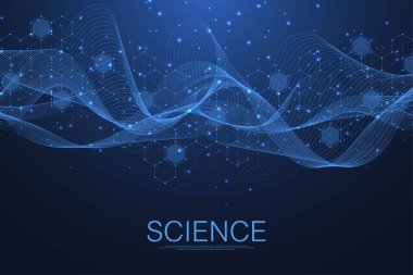 Moleküler yapı arka planı. DNA moleküllü bir duvar kağıdı ya da afiş bilim şablonu. Altıgenli molekül arka planı, dalga akışı. Vektör illüstrasyonu.