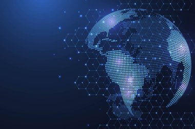 Genel ağ bağlantısı. Küresel iş dünyasının dünya haritası ve kompozisyon kavramı. İnternet teknolojisi. Sosyal ağ. Vektör İllüstrasyonu