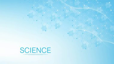 Moleküler yapı arka planı. DNA moleküllü bir duvar kağıdı ya da afiş bilim şablonu. Altıgenli molekül arka planı, dalga akışı. Vektör illüstrasyonu.