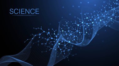 Moleküler yapı arka planı. DNA moleküllü bir duvar kağıdı ya da afiş bilim şablonu. Bilimsel molekül arkaplanını kaldır. Dalga akışı, yenilik kalıbı. Vektör illüstrasyonu.