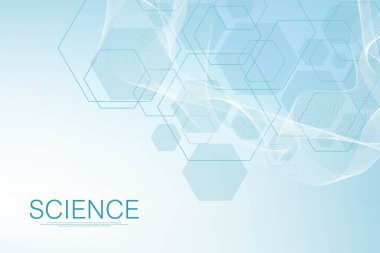 Moleküler yapı arka planı. DNA moleküllü bir duvar kağıdı ya da afiş bilim şablonu. Altıgenli molekül arka planı, dalga akışı. Vektör illüstrasyonu.
