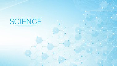 Tıbbi sağlık pankartı tasarımı. Altılı arka plan. Moleküler yapılar, yenilik kalıpları, genetik araştırmalar. Tıbbi konsept. Bilimsel vektör çizimi.