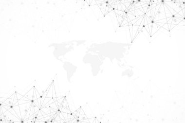 Birbirine bağlı çizgiler ve noktalarla soyut çokgen arkaplan. Minimalist geometrik desen. Molekül yapısı ve iletişim. Grafik pleksus arkaplanı. Bilim, tıp, teknoloji konsepti.