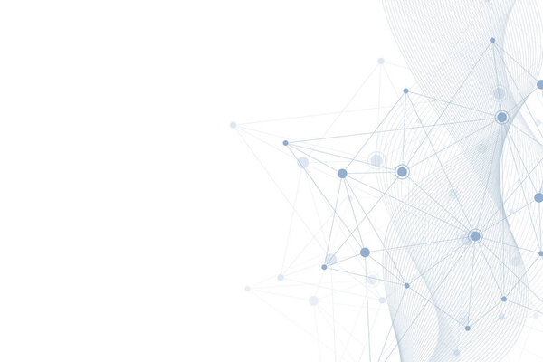 Научный молекулярный фон с потоковыми волнами для медицины, науки, техники, химии. Обои или баннер с молекулами ДНК. Иллюстрация геометрических динамических волн.