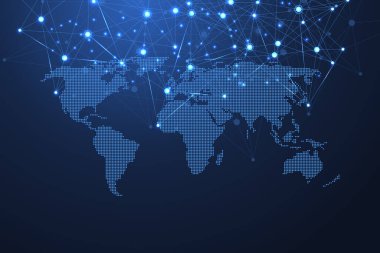 Noktalar ve doğrular ile küresel ağ bağlantıları. Kablo çerçeve arka planı. Soyut bağlantı yapısı. Çokgen uzay arkaplanı, illüstrasyon