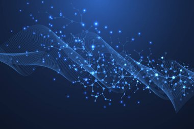 Tıp, bilim, teknoloji, sibernetik ve kimya için bilimsel bir arkaplan. Üzerinde uğursuz DNA molekülleri olan duvar kağıdı ya da afiş. Geometrik dinamik çizim.