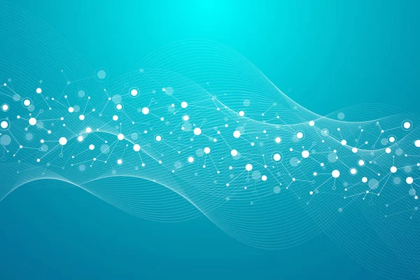 Tıp, bilim, teknoloji ve kimya için bilimsel bir arkaplan. Dalgalar akar. DNA molekülleri, geometrik dinamik illüstrasyonlu duvar kağıdı veya afiş
