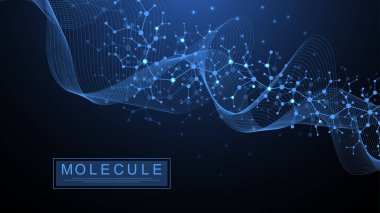 Moleküler yapı arka planı. DNA moleküllü bir duvar kağıdı ya da afiş bilim şablonu. Bilimsel molekül arkaplanını kaldır. Dalga akışı, yenilik kalıbı. Vektör illüstrasyonu.