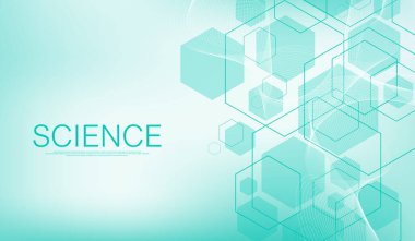 Tıbbi sağlık pankartı tasarımı. Yeşil altıgenli bir arka plan. Moleküler yapılar, yenilik kalıpları, genetik araştırmalar. Tıbbi konsept. Bilimsel vektör çizimi.