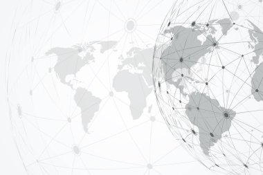 Dünya haritasıyla küresel ağ bağlantıları. İnternet bağlantısı geçmişi. Soyut bağlantı yapısı. Çokgen uzay arkaplanı, illüstrasyon.