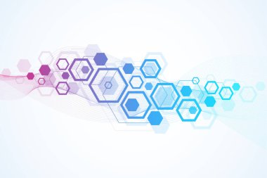 Soyut tıbbi geçmiş DNA araştırması, molekül, genetik, genom, DNA zinciri. Altılı, dalgalı, çizgili, noktalı genetik analiz sanat konsepti. Biyoteknoloji ağ konsepti molekülü, vektör