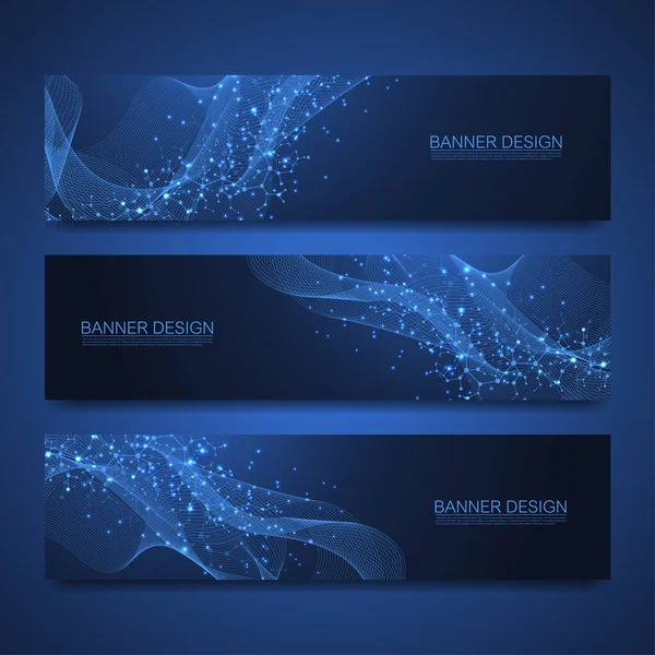 Molecules banners set with lines and dots. Science template wallpaper or banner with a DNA molecules. Asbtract scientific molecule background. Wave flow, innovation pattern. Vector illustration. — Stock Vector