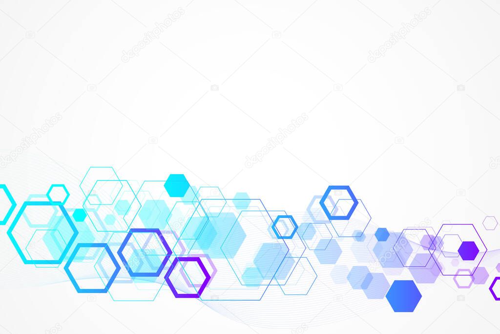 Abstract hexagonal background with waves. Hexagonal molecular structures. Futuristic technology background in science style. Graphic hex background for your design, illustration