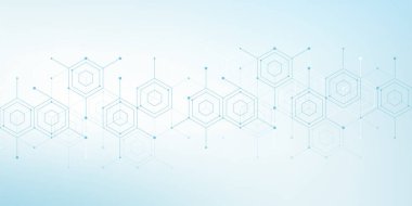 Modern sağlık hizmetleri ya da tıbbi geçmiş tasarımı. Sağlık hizmetleri yenilik kavramı. Yatay başlık web pankartı. Tıp, bilim ve kimya için altıgen şekilli soyut geometrik arkaplan