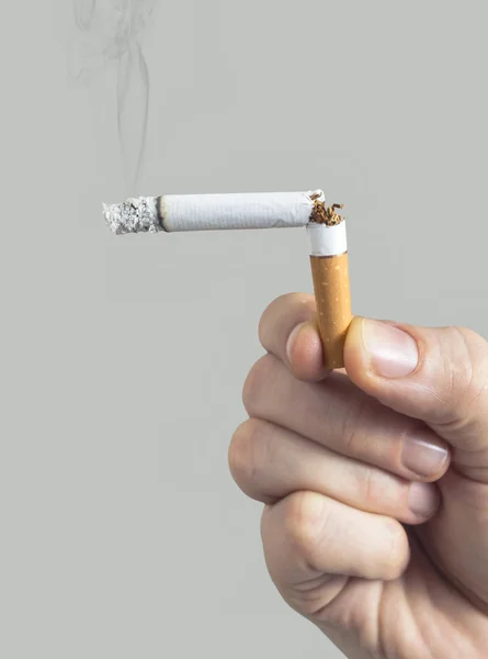 Man Broken Lit Cigarette His Hand Symbolizing Quitting Smoking — Stock Photo, Image