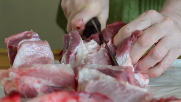 Hände Eines Metzgers Der Schweinefleisch Schneidet — Stockvideo