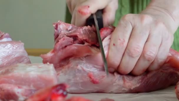 Mãos Açougueiro Cortando Carne Porco — Vídeo de Stock