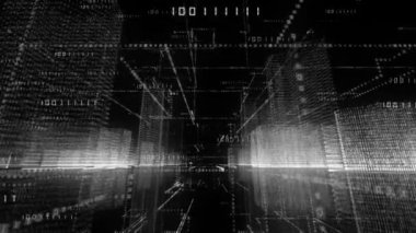 Dijital ikili kod arka plan, teknoloji ve bağlantı kavramı ile soyut sanal şehir ikili bilgisayar kodu. Şehir kavramı kesmek saldırmak için tarama. 