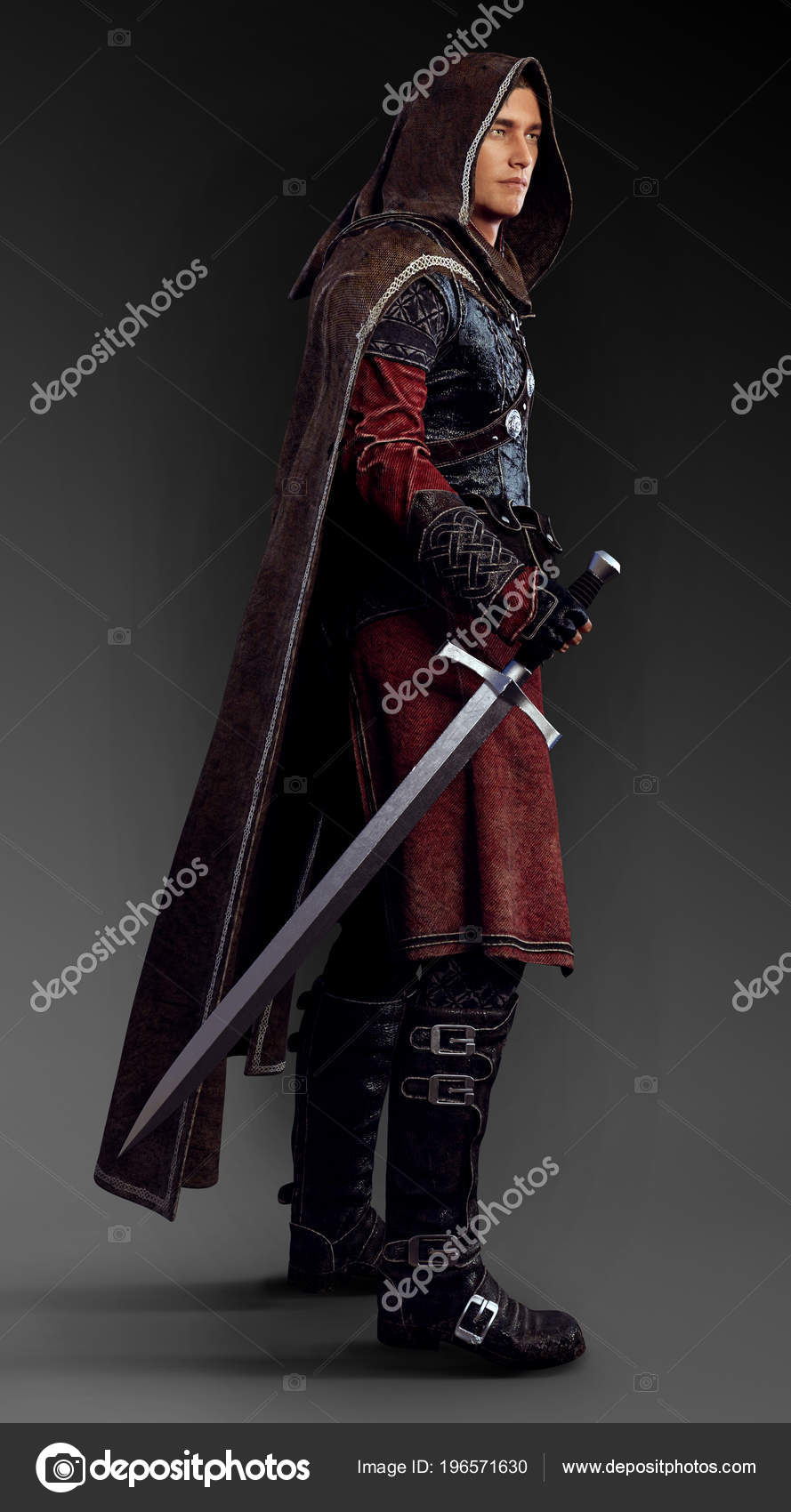 Cgi Illustration Fantasy Male Hunter Leather Armor Hood Sword