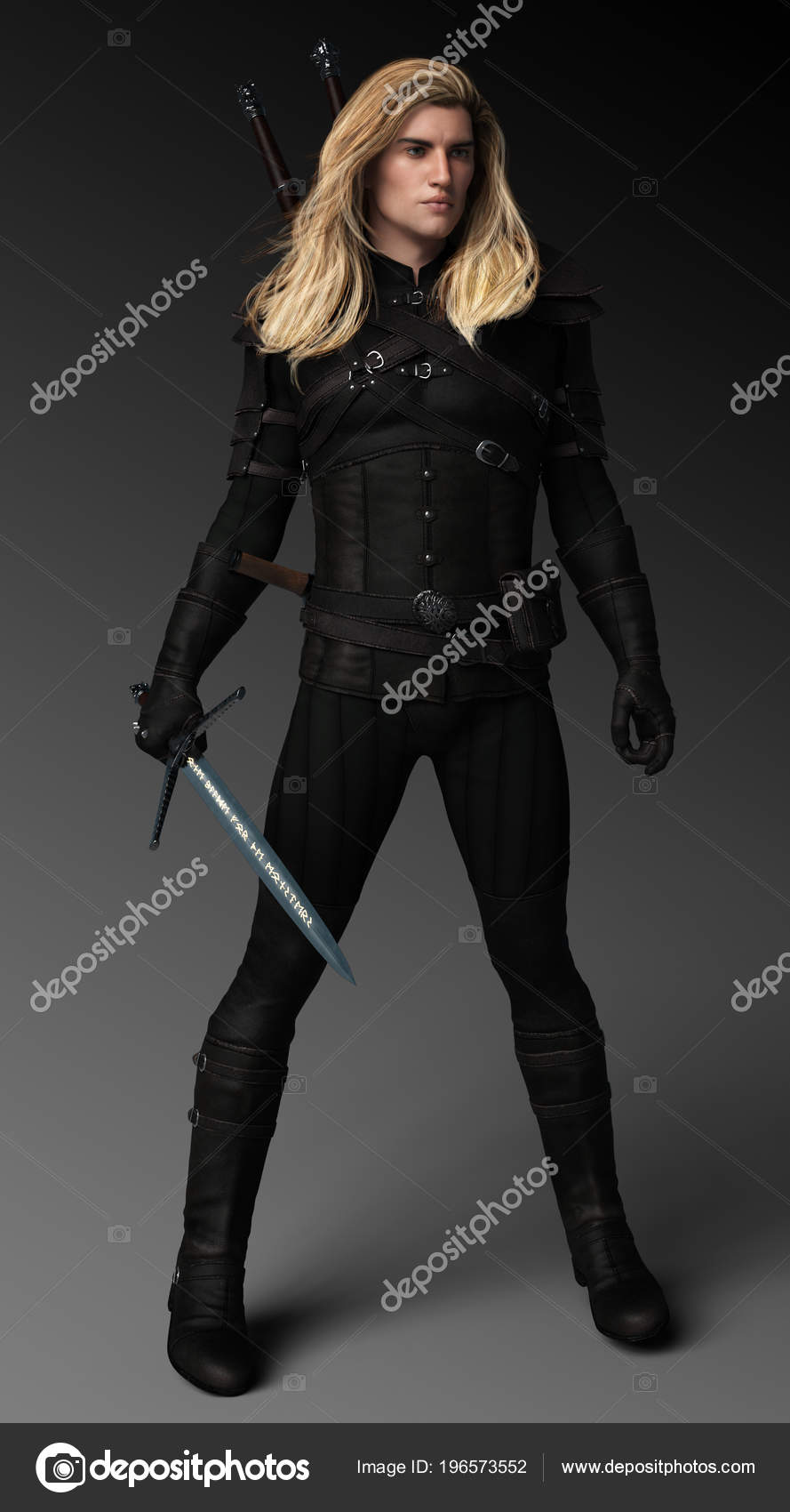 Handsome Fantasy Male Long Blonde Hair Leather Armor Sword Stock
