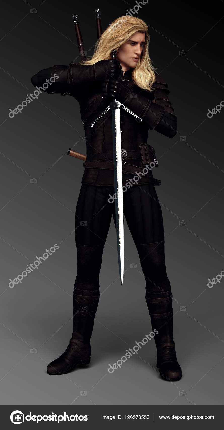 Handsome Fantasy Male Long Blonde Hair Leather Armor Sword Stock