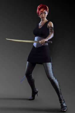 Güzel Asyalı Assassin Katana kılıcı ile deri