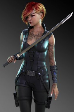 Güzel Asyalı Sci Fi Assassin Katana kılıcı ile deri