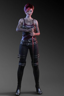 Güzel Asyalı Assassin Katana kılıcı ile deri