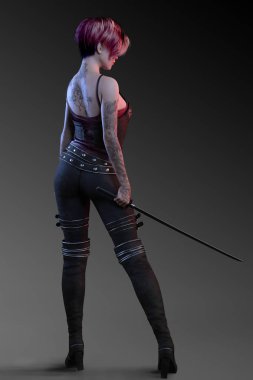 Güzel Asyalı Assassin Katana kılıcı ile deri