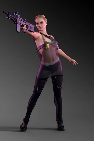 Pink Cyberpunk Sci Asesino Con Pistola — Foto de Stock