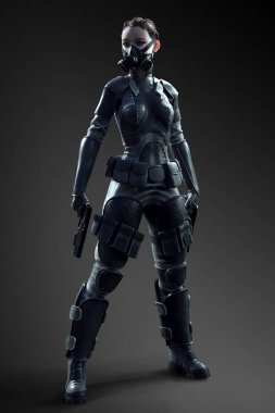 Sci Fi Assassin veya siyah deri zırh ve silah paralı Fighter