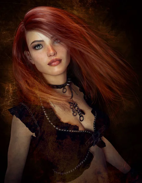 Сексуальна Дівчина Довгі Червоні Волосся Плаття Чорному Спорядження Панк — стокове фото