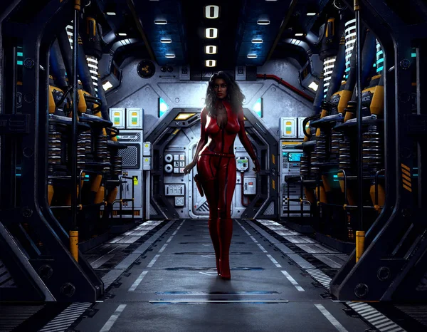 Science Fiction Schattenfrau Roten Catsuit Dock Der Raumstation — Stockfoto