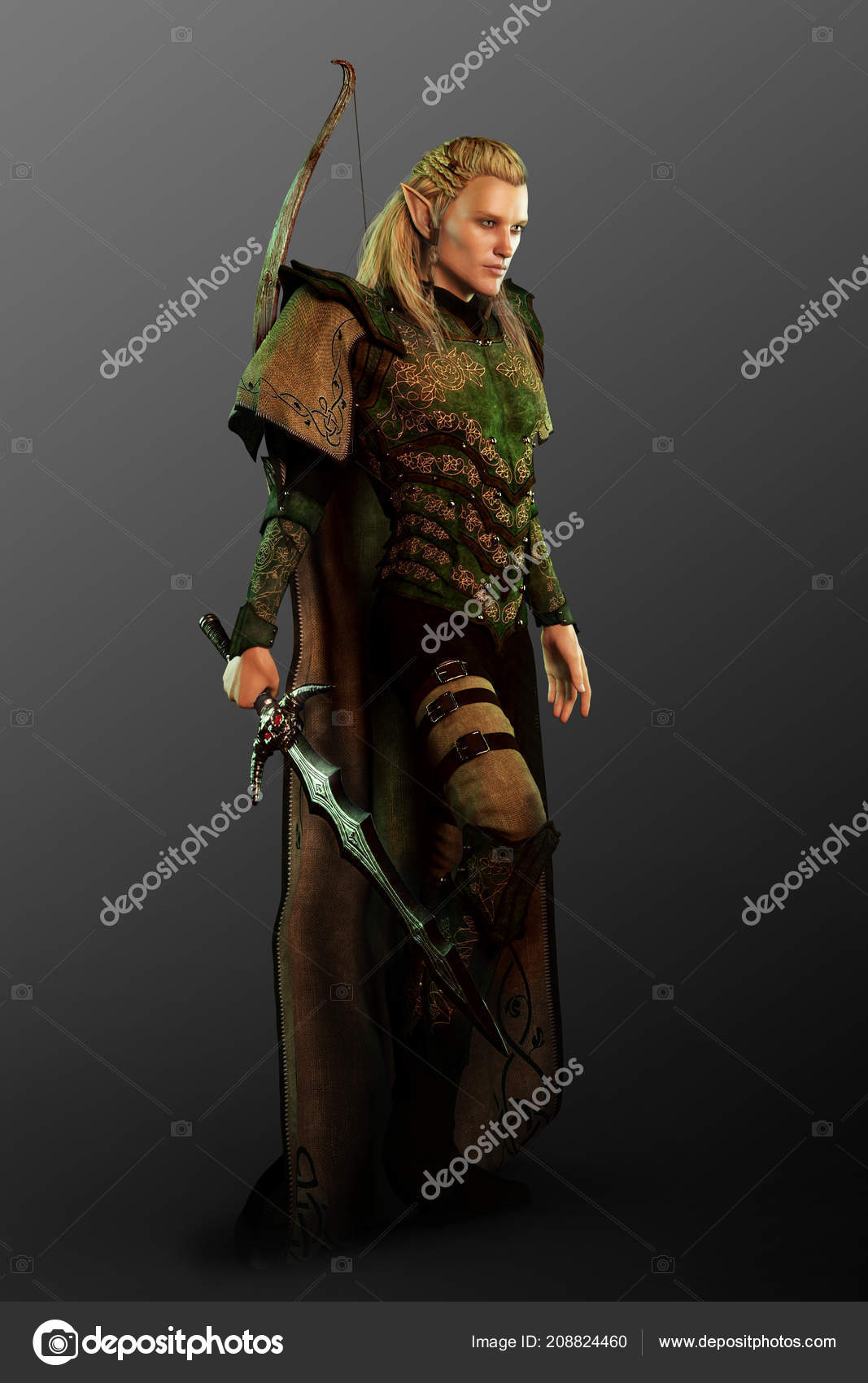 Golden Fantasy Male Elf Fantasy Armor Sword Bow Stock Photo by ©Ravven  208824460