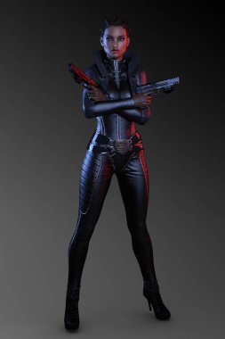 Güzel suikastçı silahlı siyah deri