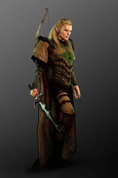 Golden Fantasy Male Elf in Fantasy Armor with Sword and Bow