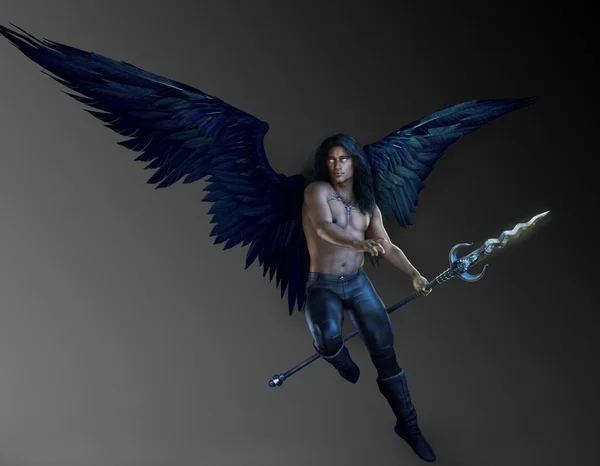 Fantasy Male Angel Black Wings Spear — Stock Photo, Image