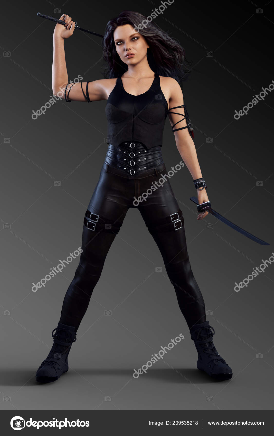 photo Female Action Poses Sword https depositphotos com 209535218 stock photo urban fantasy sci woman black html