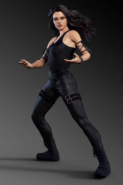 Urban Fantasy Sci Woman Black Leather Action Pose — Stock Photo, Image