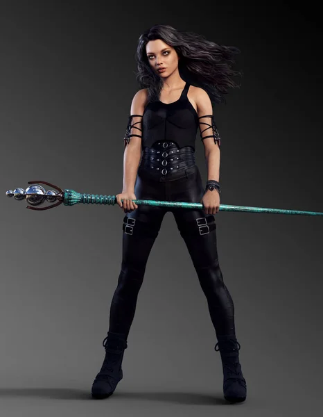 Urban Fantasy Sci Woman Black Leather Action Pose Magic Staff — Stock Photo, Image