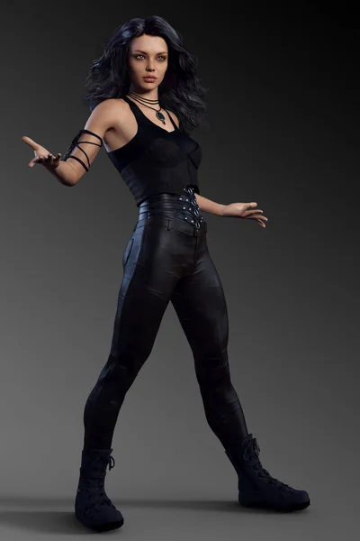 Urban Fantasy Sci Woman Mage Black Leather Action Pose — Stock Photo, Image