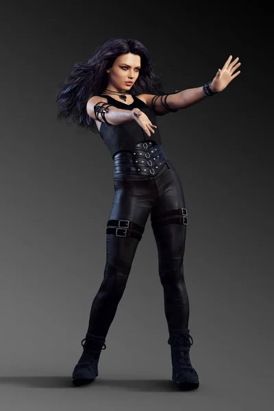 Urban Fantasy Sci Woman Mage Black Leather Action Pose — Stock Photo, Image